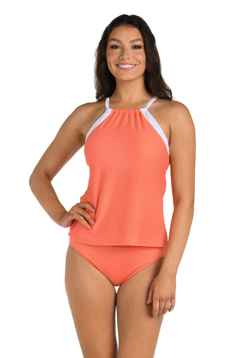 24th & Ocean: Santorini Block High Neck Tankini Top - CORAL