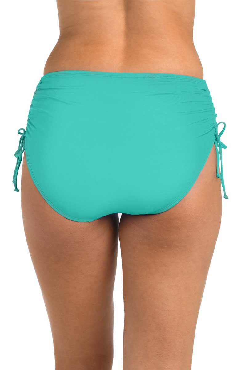 24th & Ocean Solid Mid Rise Adjustable Side Tie Bikini Bottom in Aqua, side view, alternate view