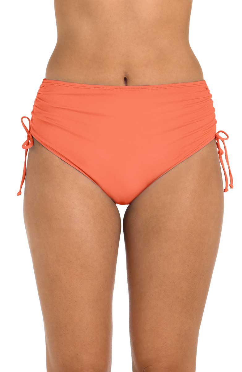 24th & Ocean Solid Mid Rise Adjustable Side Tie Bikini Bottom in Coral, side view