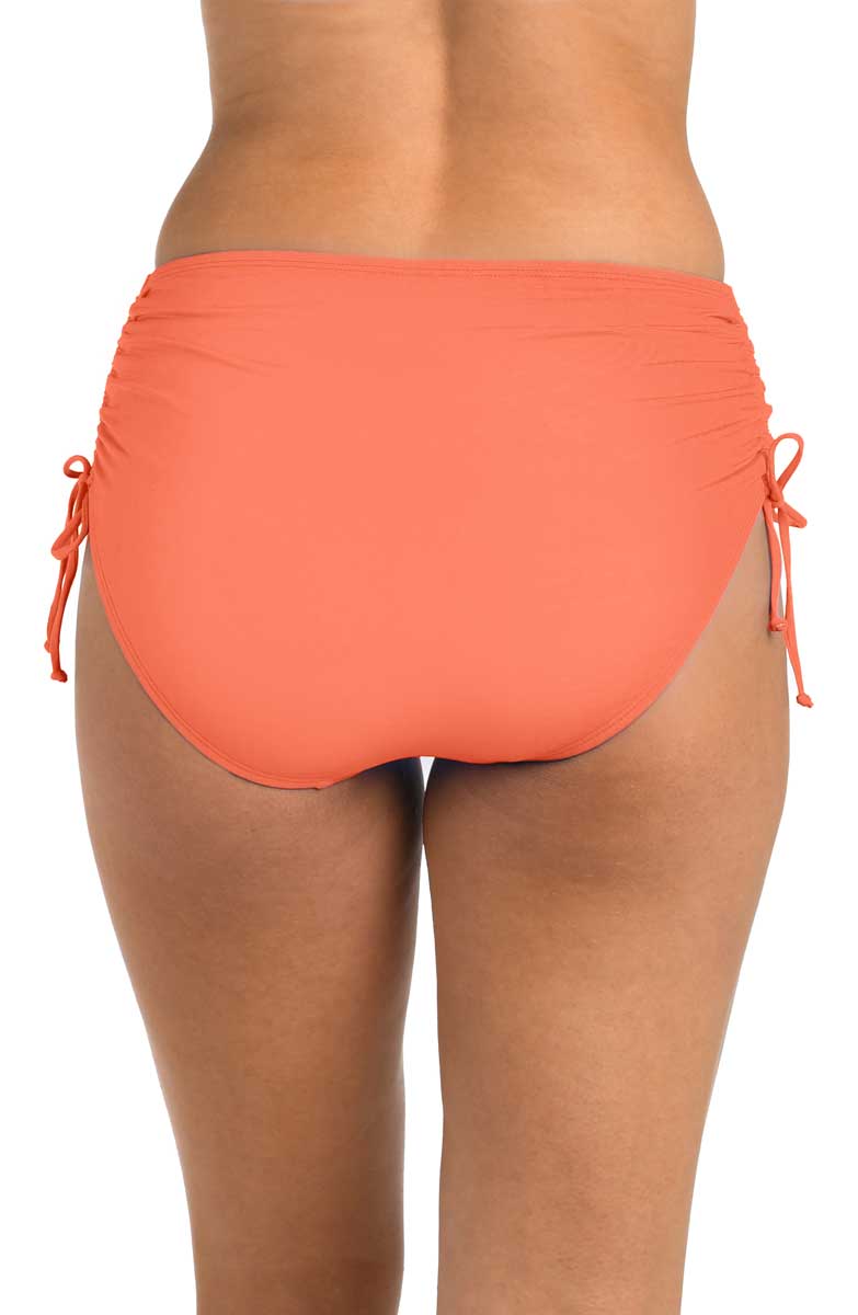 24th & Ocean Solid Mid Rise Adjustable Side Tie Bikini Bottom in Coral, side view, alternate view