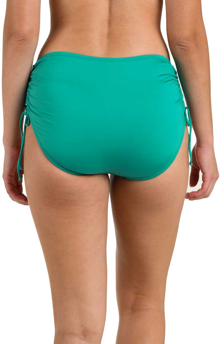 24th & Ocean Solid Mid Rise Adjustable Side Tie Bikini Bottom in Emerald, side view, alternate view