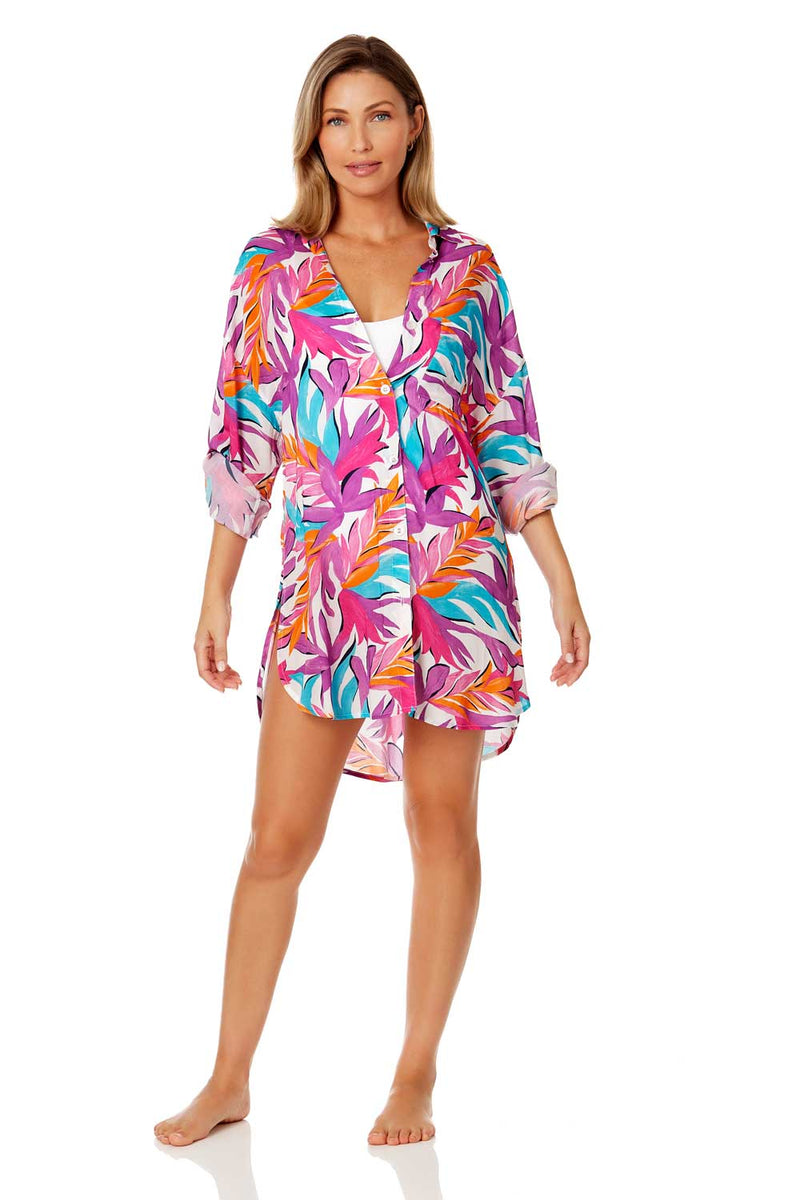Anne Cole Dance Floor Palm Button Down Shirt Cover Up Swim City