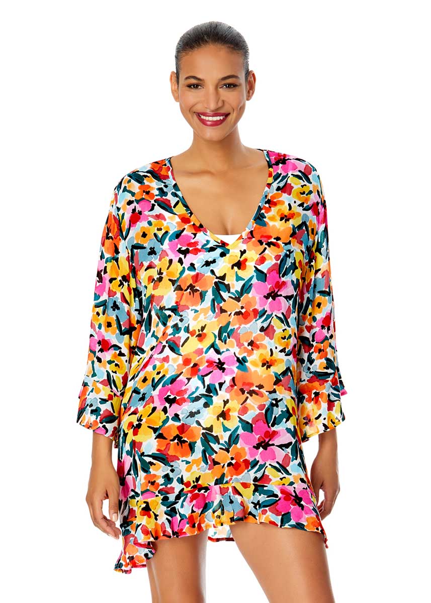 Anne Cole: Gradient Floral Flounce V-Neck Tunic