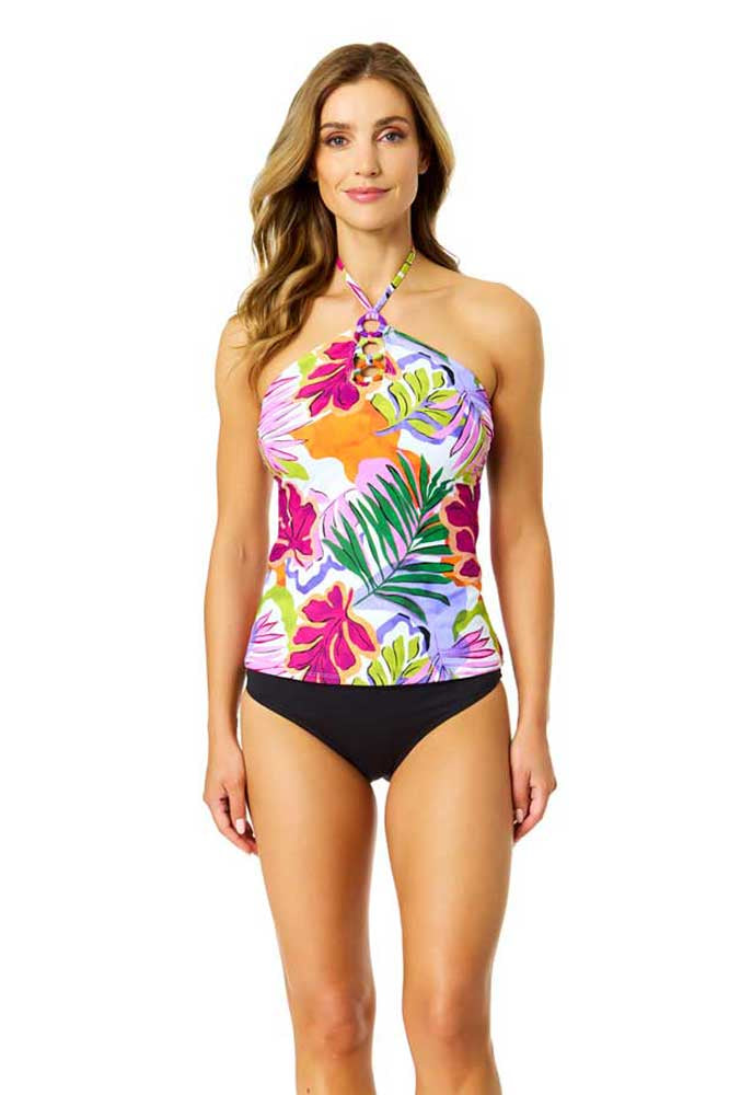 Anne Cole: Mod Tropical Ring Front Halter Tankini Swim Top