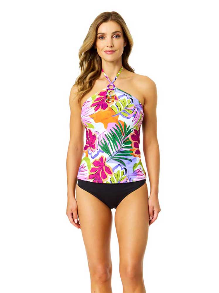 Anne Cole: Mod Tropical Ring Front Halter Tankini Swim Top