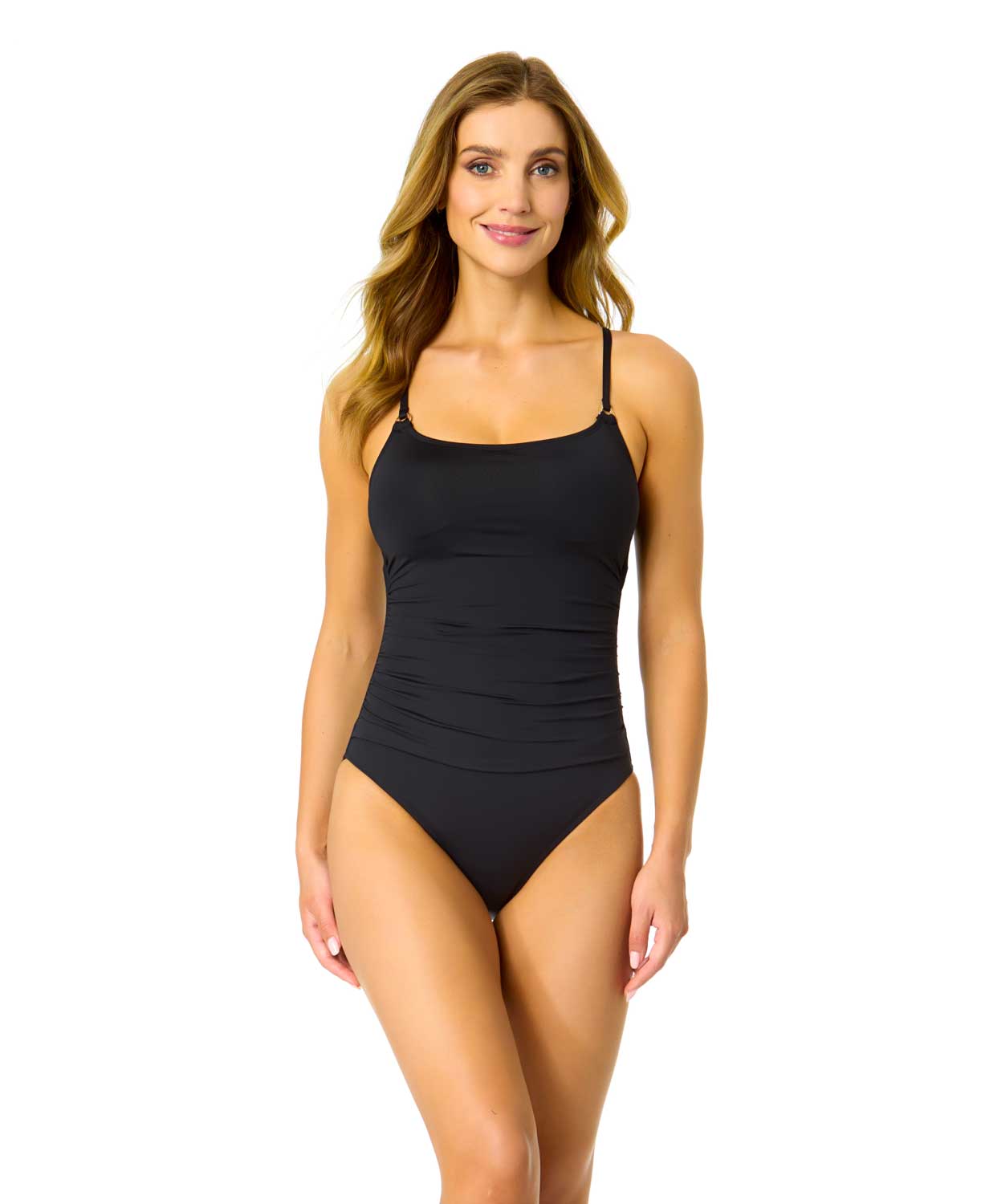 Anne Cole: One Piece Solid Shirred Lingerie Maillot - BLACK