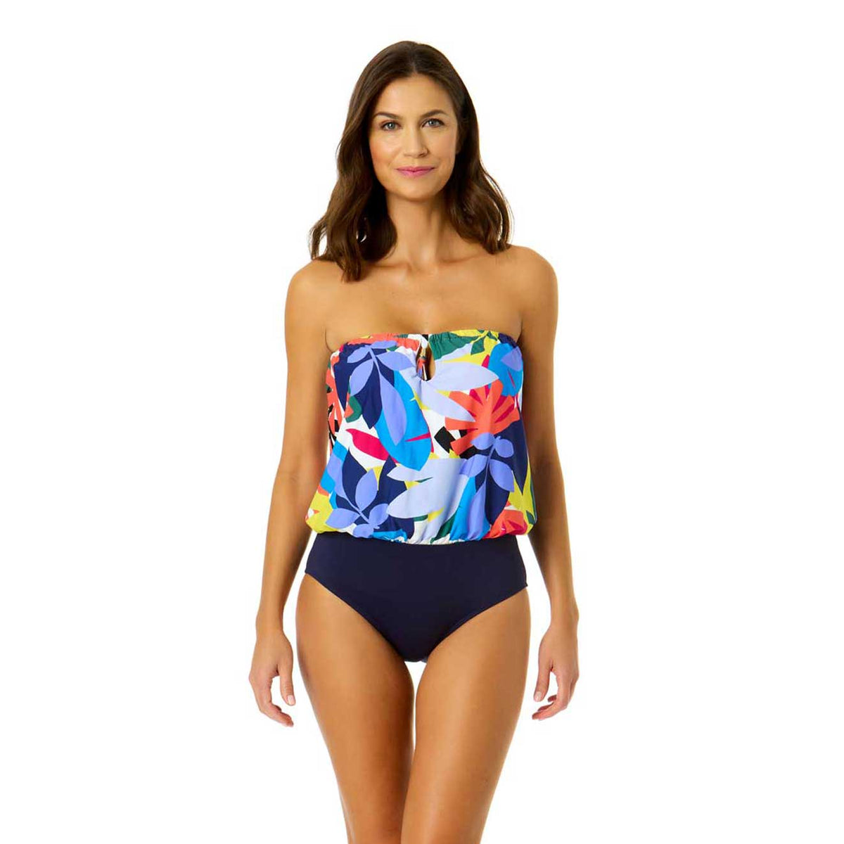 Anne Cole: One Piece Tropic Stamp Bandeau Blouson Swimsuit – Swim City
