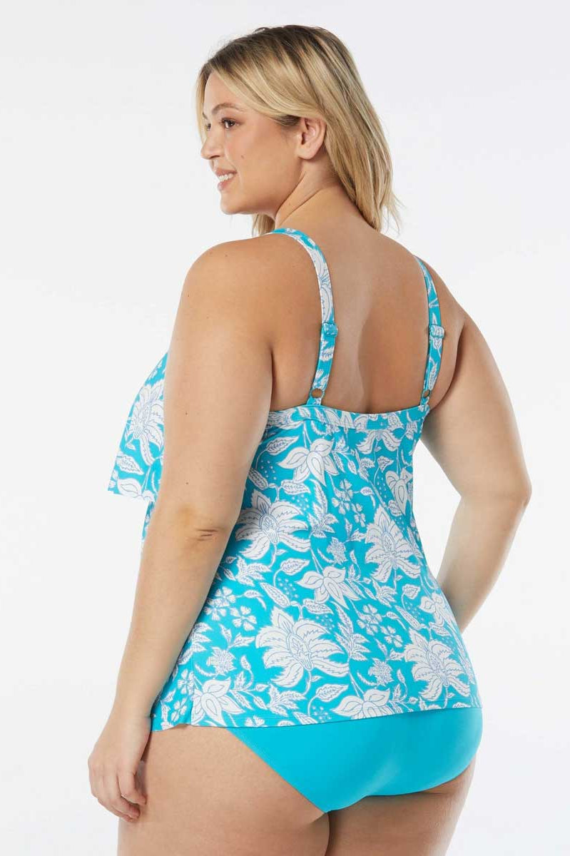 Beach House: Plus Size Aqua Palm Jane Ruffle Tankini Top