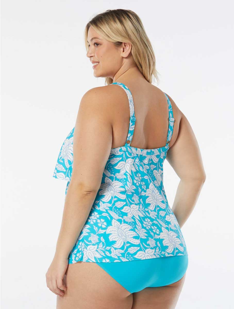 Beach House: Plus Size Aqua Palm Jane Ruffle Tankini Top