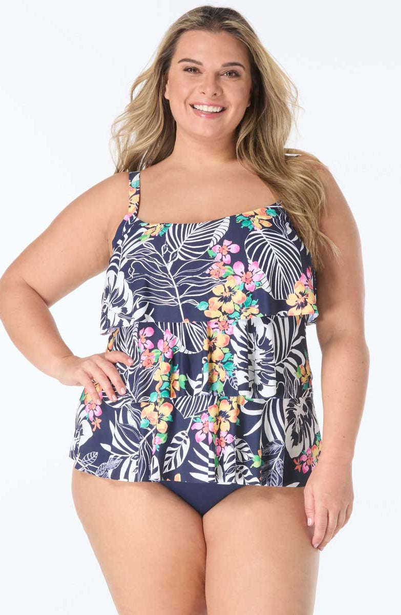 Beach House: Plus Size Indigo Jungle Jane Ruffle Tiered Tankini Top