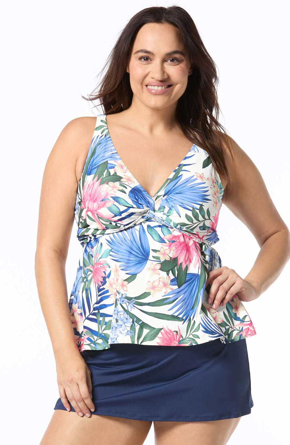 Beach House: Plus Size Monterey Tropical White Twist Front Tankini Top