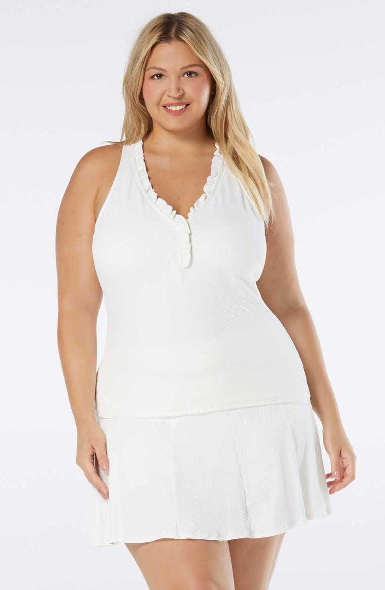Beach House: Plus Size Pique Solid Ruffle Trim Tankini Top