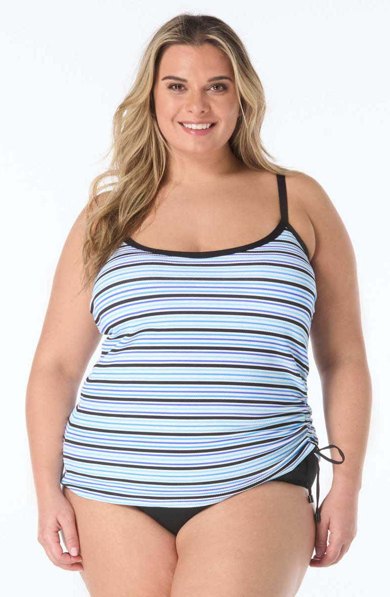 Beach House: Plus Size Resort Stripe Shirred Side Underwire Tankini Top - BLK MLT