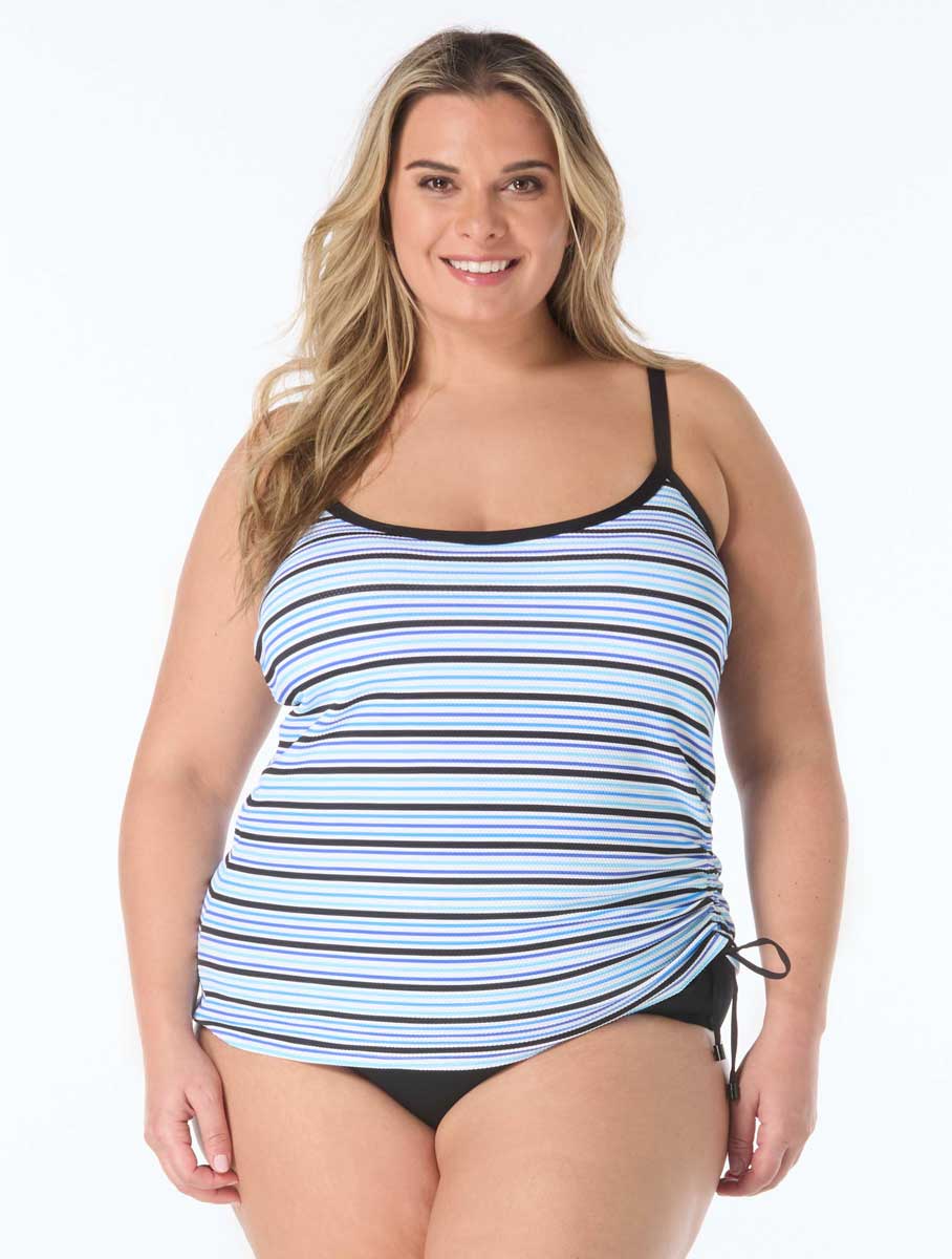 Beach House: Plus Size Resort Stripe Shirred Side Underwire Tankini Top - BLK MLT