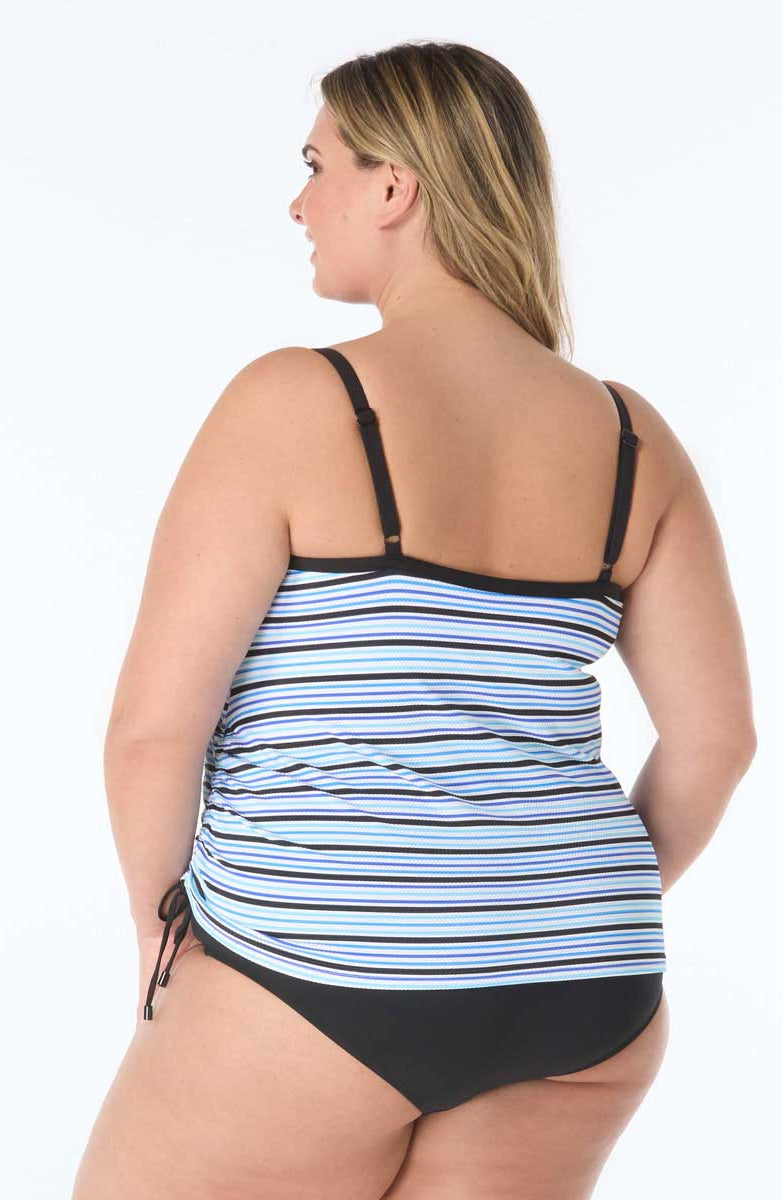 Beach House: Plus Size Resort Stripe Shirred Side Underwire Tankini Top - BLK MLT