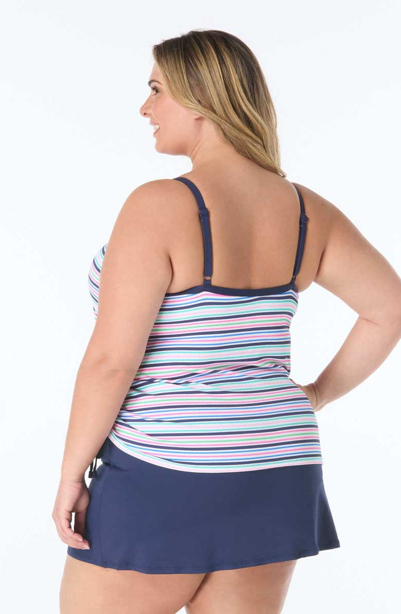 Beach House: Plus Size Resort Stripe Shirred Side Underwire Tankini Top - NAVY MLT