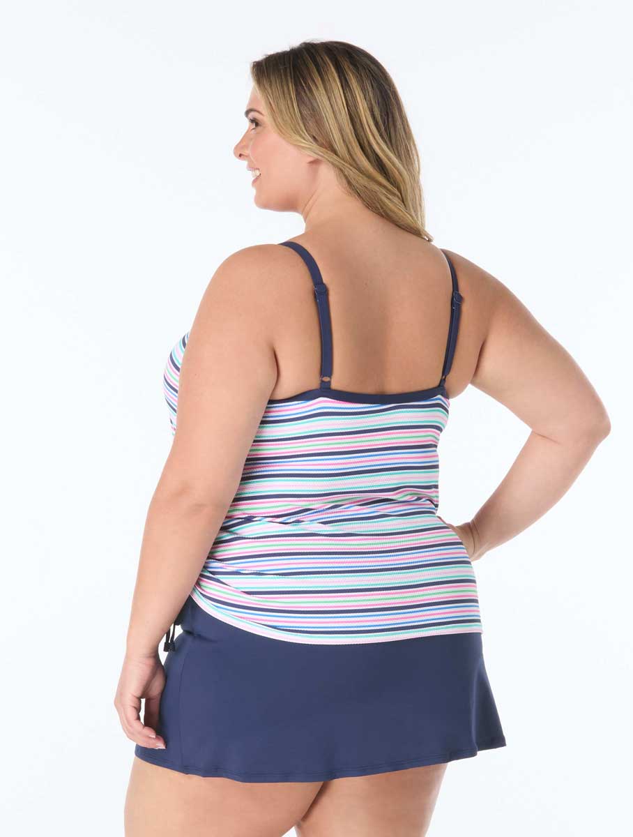 Beach House: Plus Size Resort Stripe Shirred Side Underwire Tankini Top - NAVY MLT