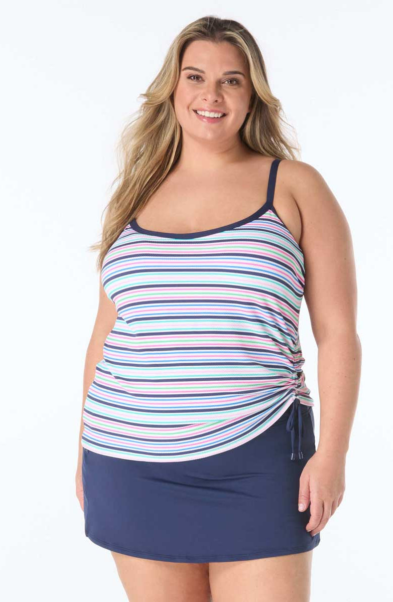 Beach House: Plus Size Resort Stripe Shirred Side Underwire Tankini Top