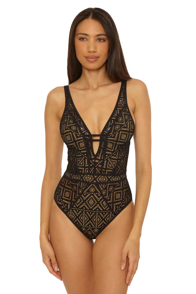 Becca: One Piece Color Play Crochet Plunge - BLK/TAN