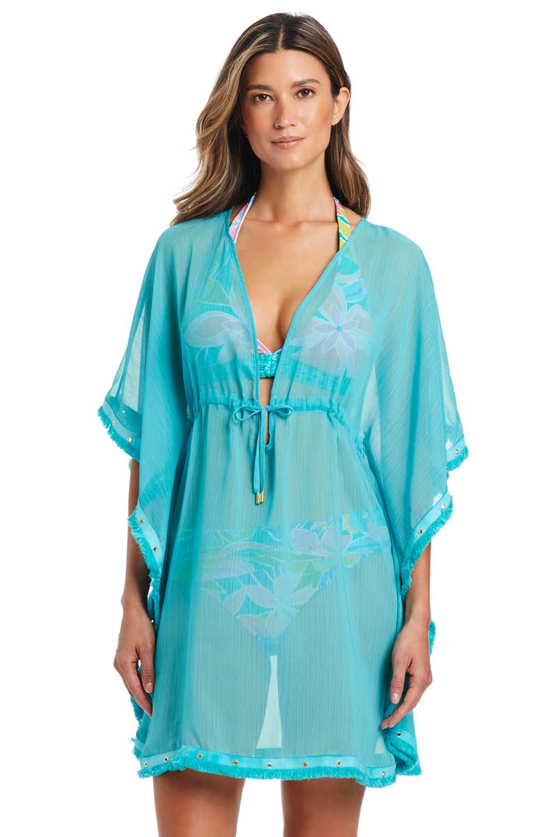 Bleu: Fringe Benefits Solid Caftan Cover-Up