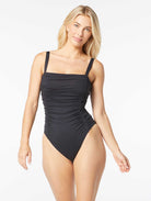 Carmen Marc Valvo: One Piece Solid Ruched Square Neck Swimsuit