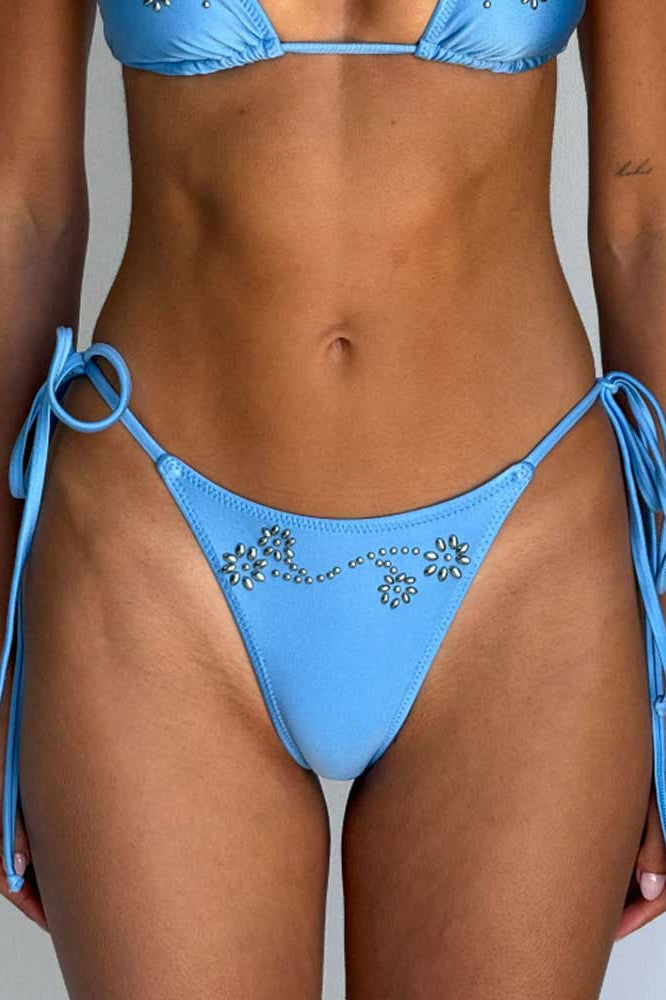Frankies Bikinis: Sunflower Sky Satin Tie Side Cheeky Bikini Bottom