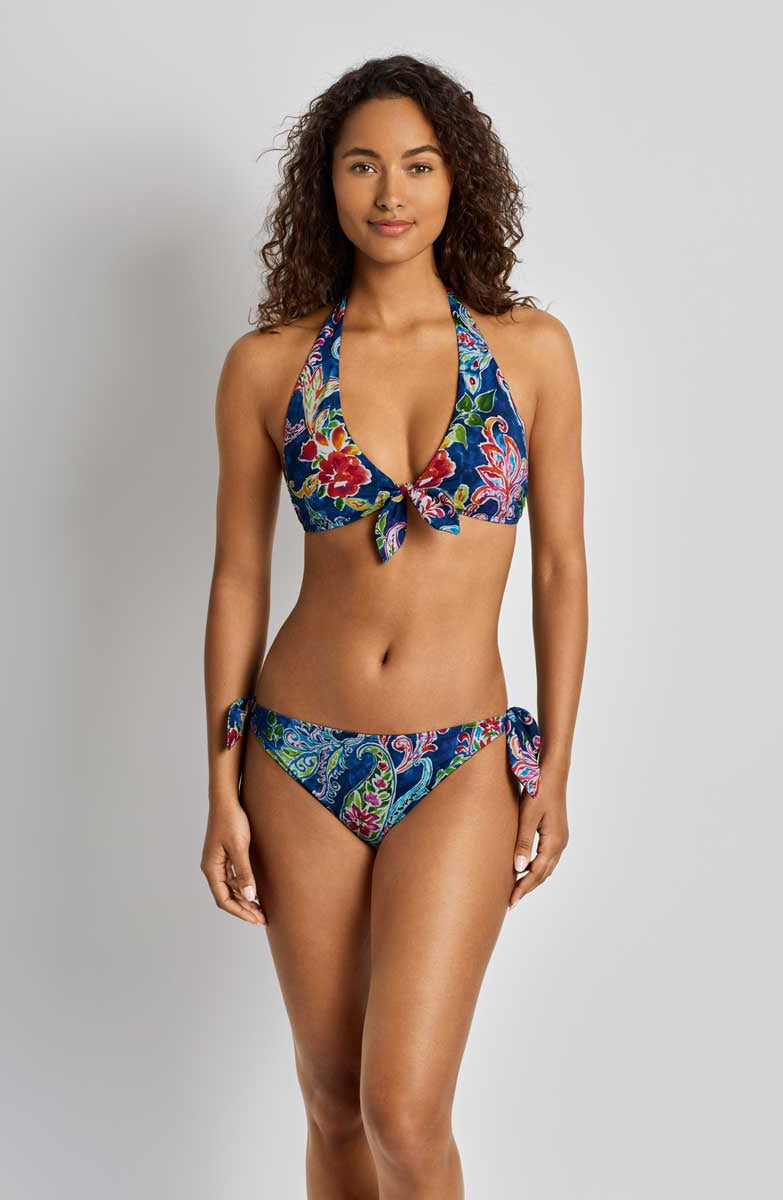Lauren: Coastal Paisley Tie Front Halter Bra Top