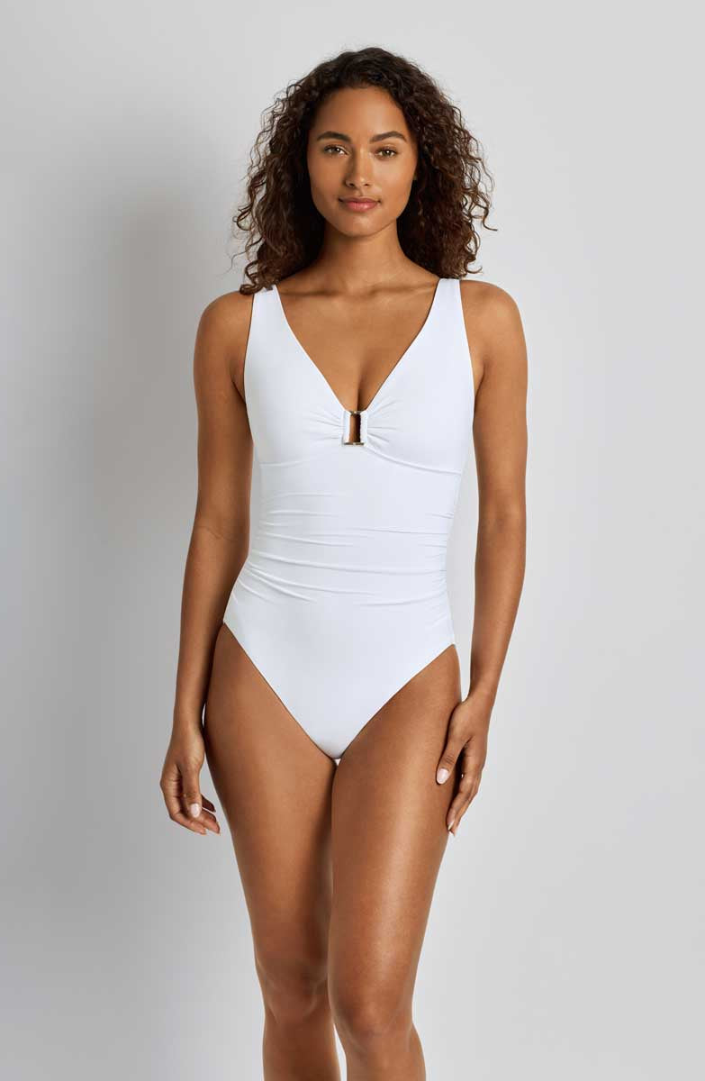 Lauren One Piec Beach Club Solids Ring Underwire Swimsuit - WHITE