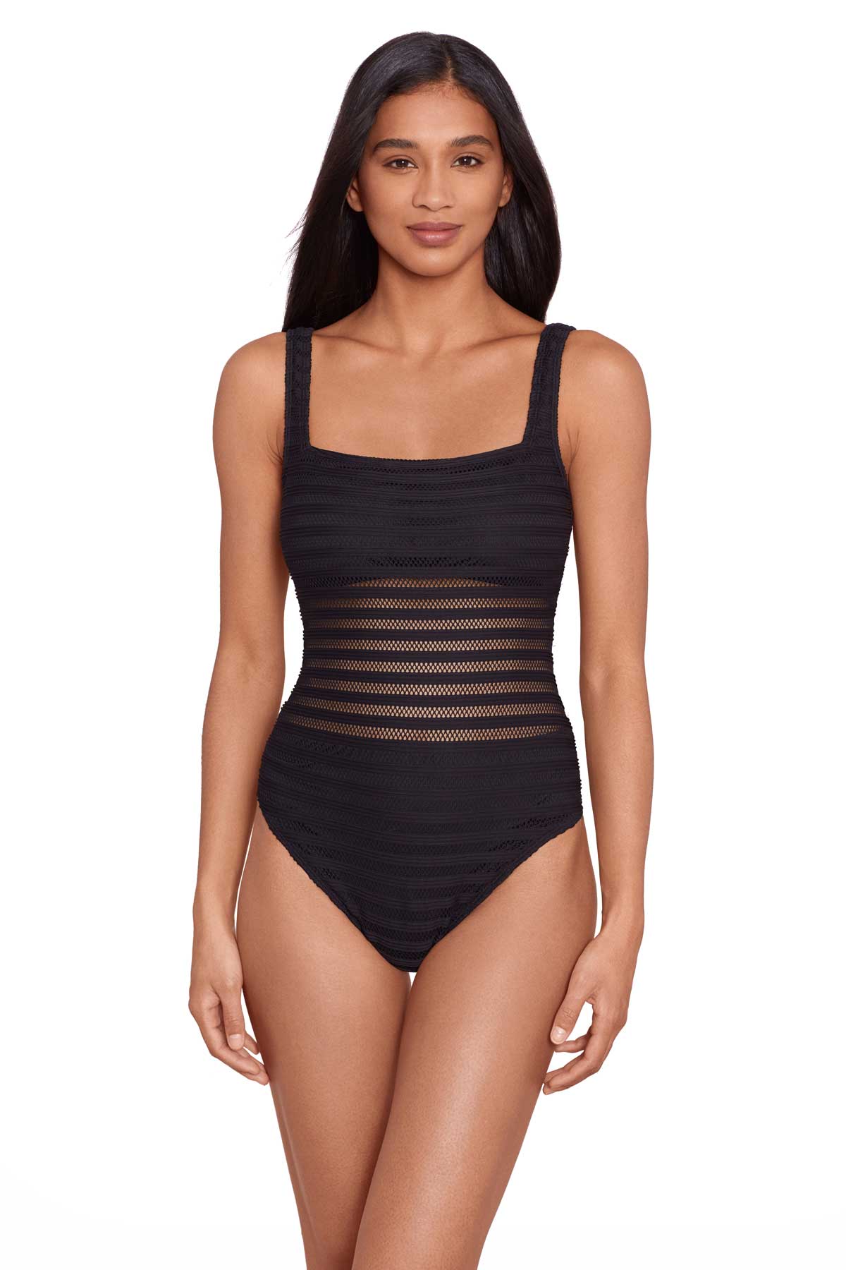 Lauren: One Piece Ottoman Mesh Solid Square Neck Swimsuit - BLACK