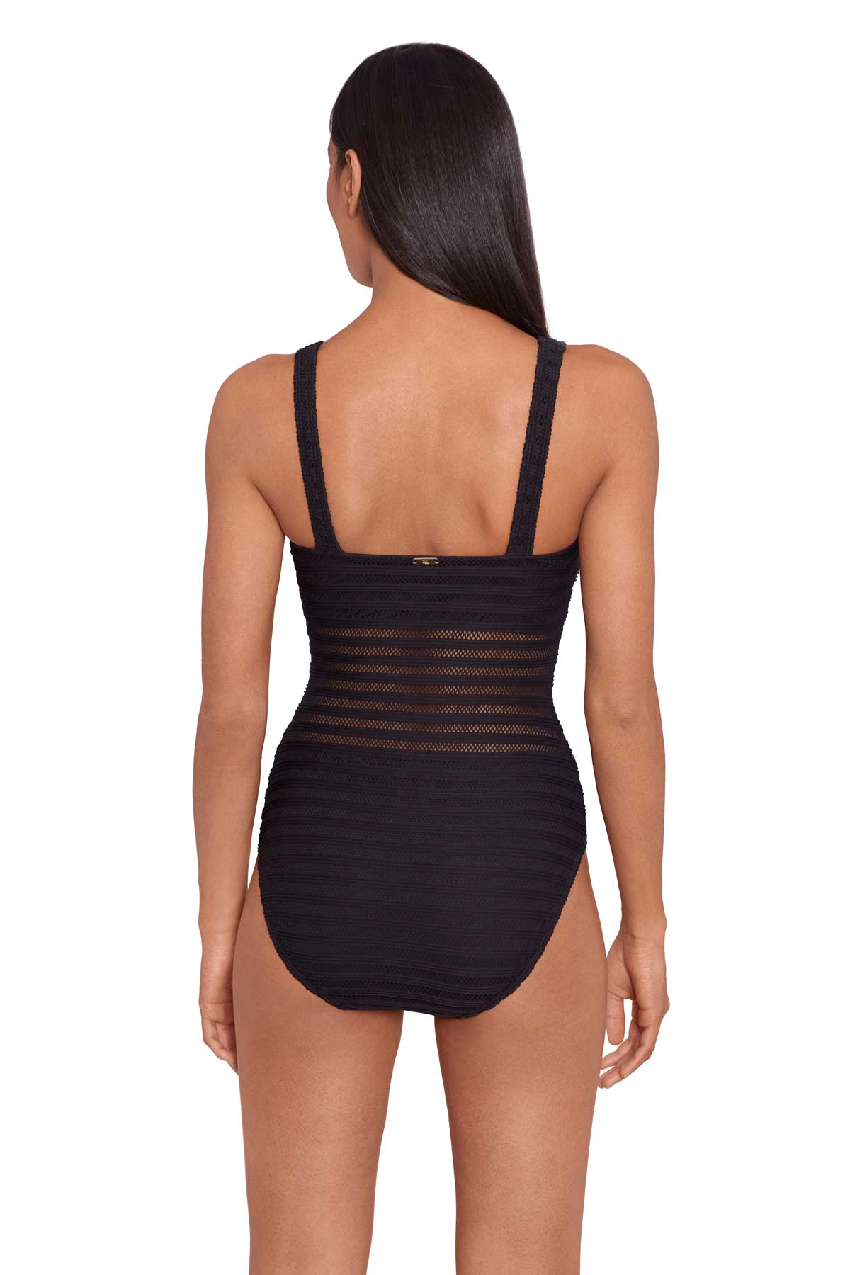 Lauren: One Piece Ottoman Mesh Solid Square Neck Swimsuit - BLACK