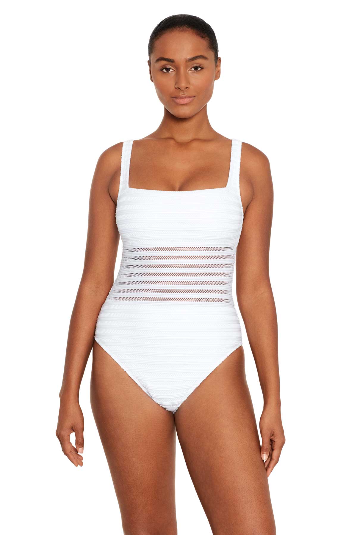 Lauren: One Piece Ottoman Mesh Solid Square Neck Swimsuit - WHITE