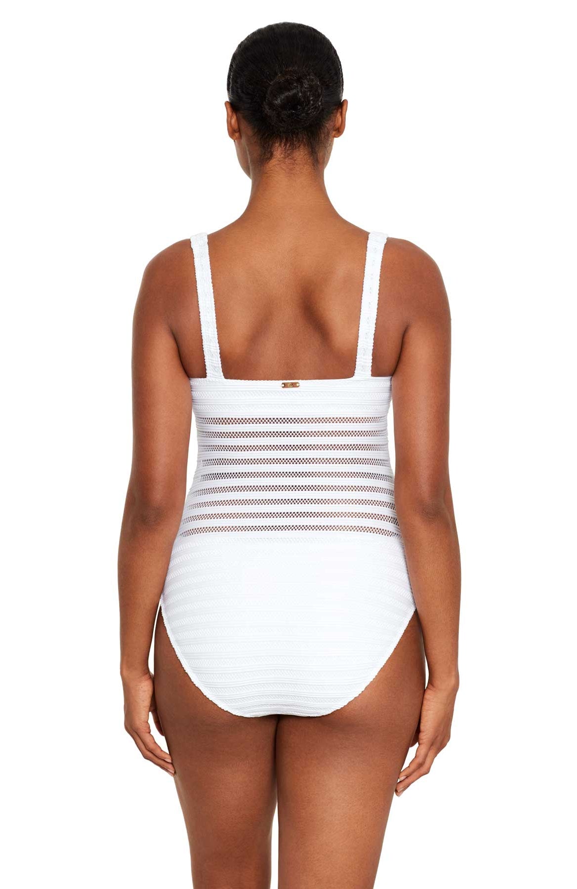 Lauren: One Piece Ottoman Mesh Solid Square Neck Swimsuit - WHITE