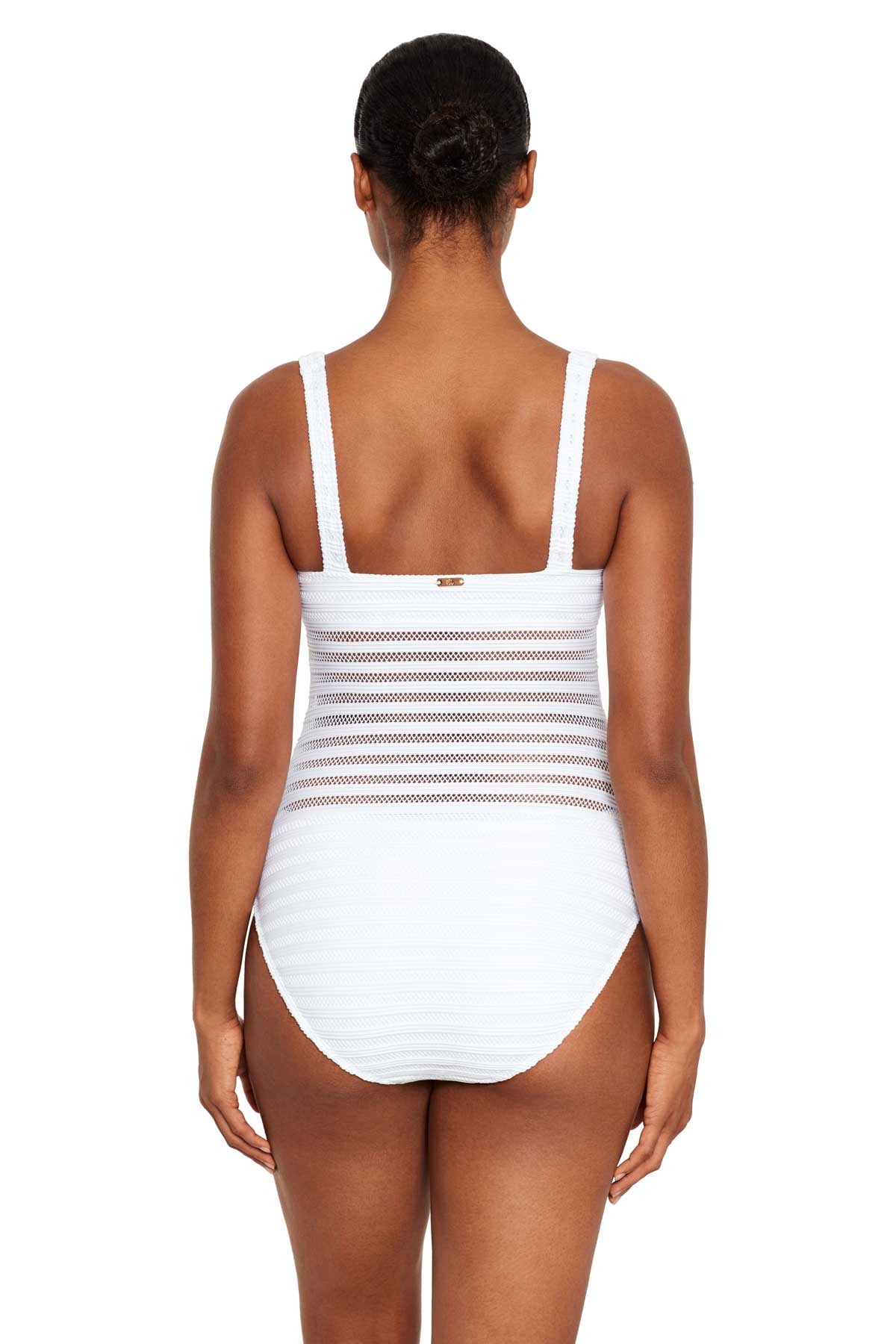 Lauren: One Piece Ottoman Mesh Solid Square Neck Swimsuit - WHITE