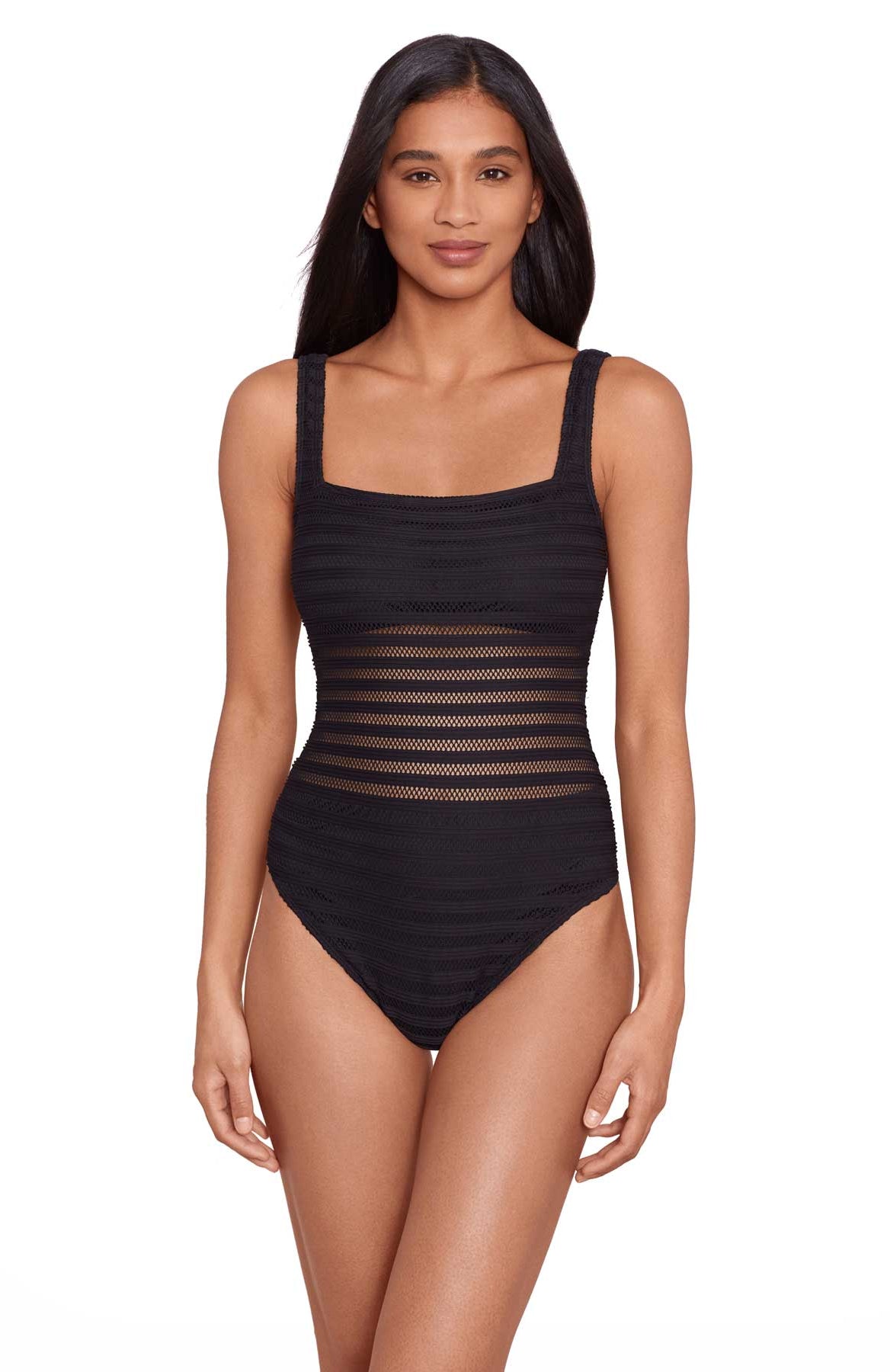 Lauren: One Piece Ottoman Mesh Solid Square Neck Swimsuit