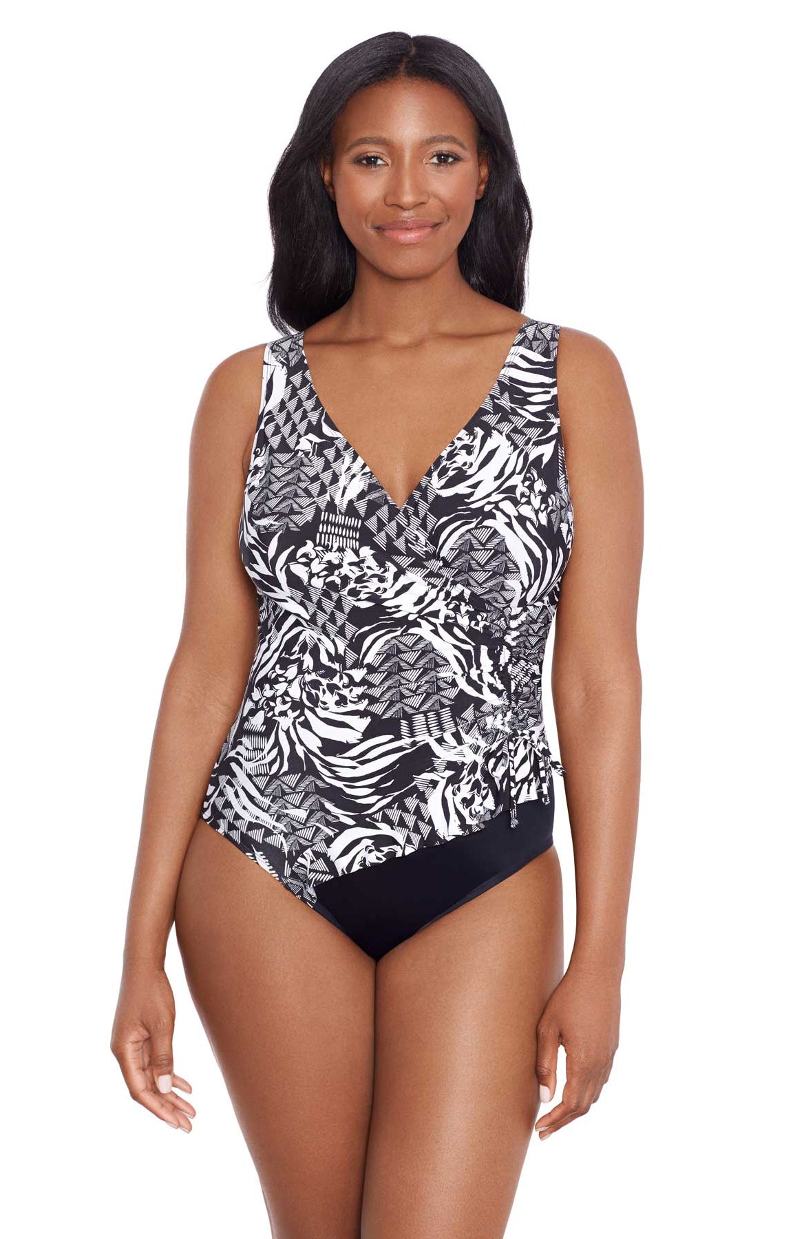 Longitude: One Piece Azteca Ruffle Front Surplice Long Torso Swimsuit