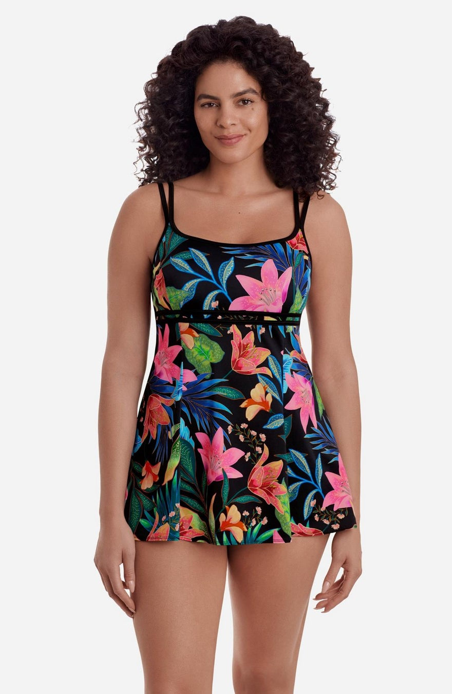 Longitude: one Piece Midnight Plumeria Long Torso Empire Princess Seam Swimdress