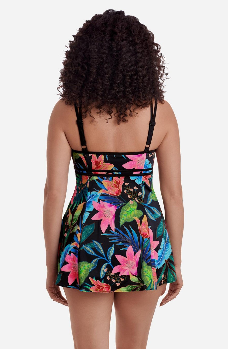 Longitude: one Piece Midnight Plumeria Long Torso Empire Princess Seam Swimdress