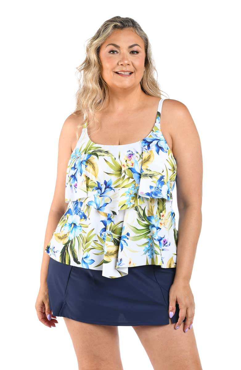 Maxine: Plus Size Island Serenity Double Tiered Tankini Top - WHITE