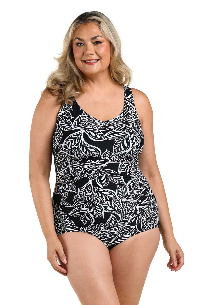 Maxine: Plus Size One Piece Native Vines Ruched V-Neck Swimsuit