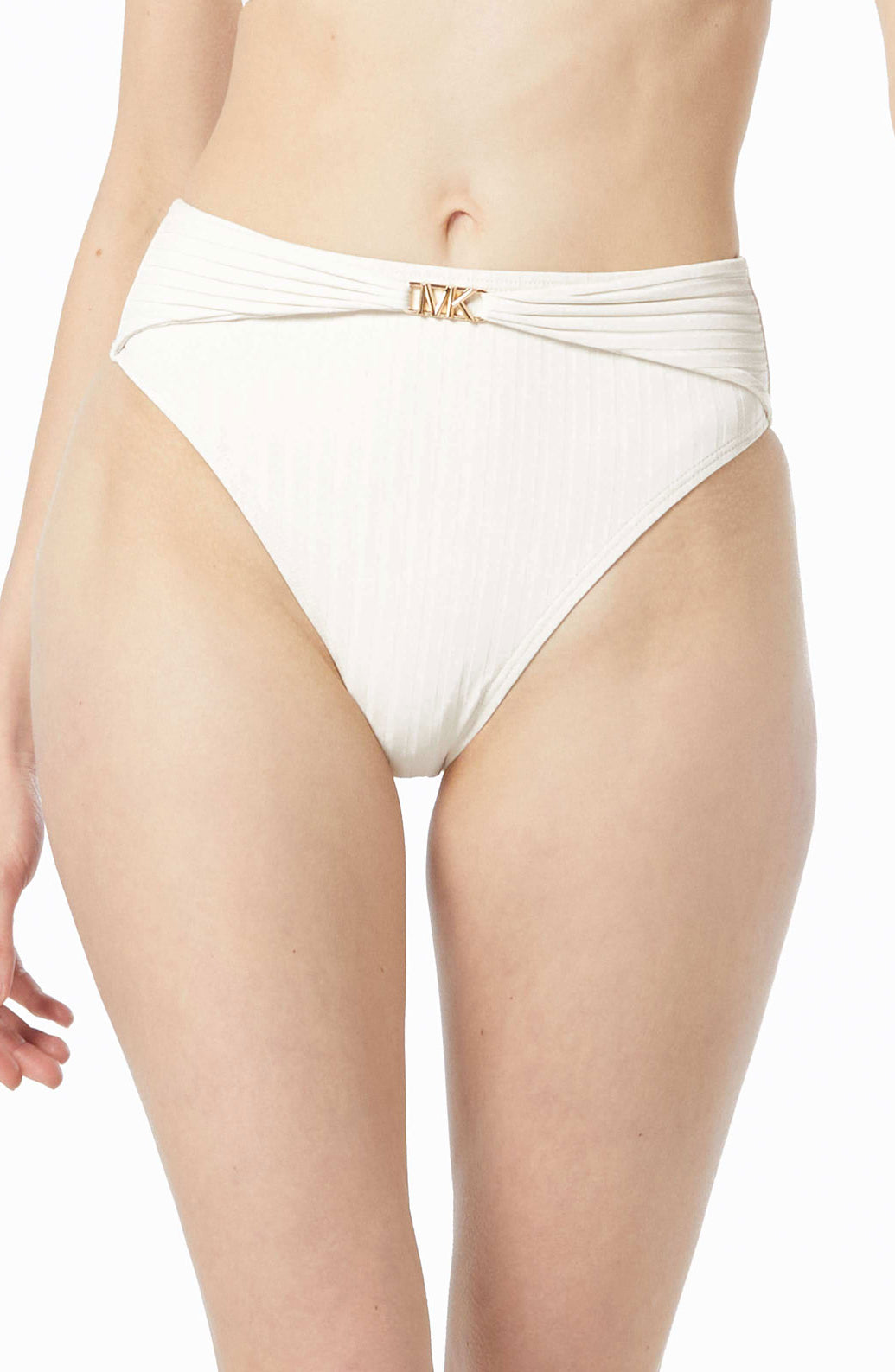 Michael Michael Kors: Solid Textured Ribbed High Leg Bikini Bottom - BONE
