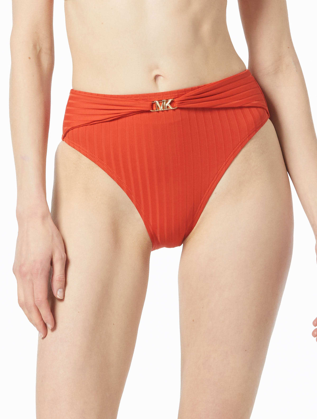 Michael Michael Kors: Solid Textured Ribbed High Leg Bikini Bottom - TERCOTTA