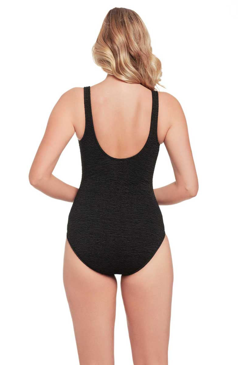 Penbrooke :One Piece Krinkle Chlorine Resistant Cross Over Swimsuit - BLACK