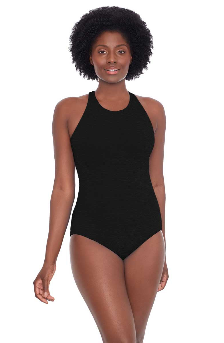 Pennbrooke: One Piece Krinkle Mastectomy High Neck Mio Swimsuit - BLACK