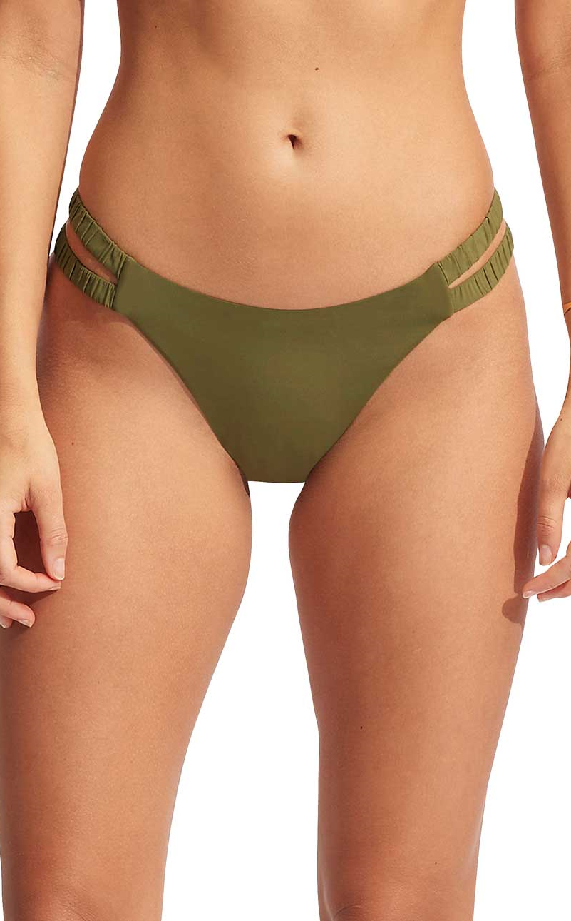 Seafolly: Solid Gathered Tab Skimpy Bottom - AVOCADO