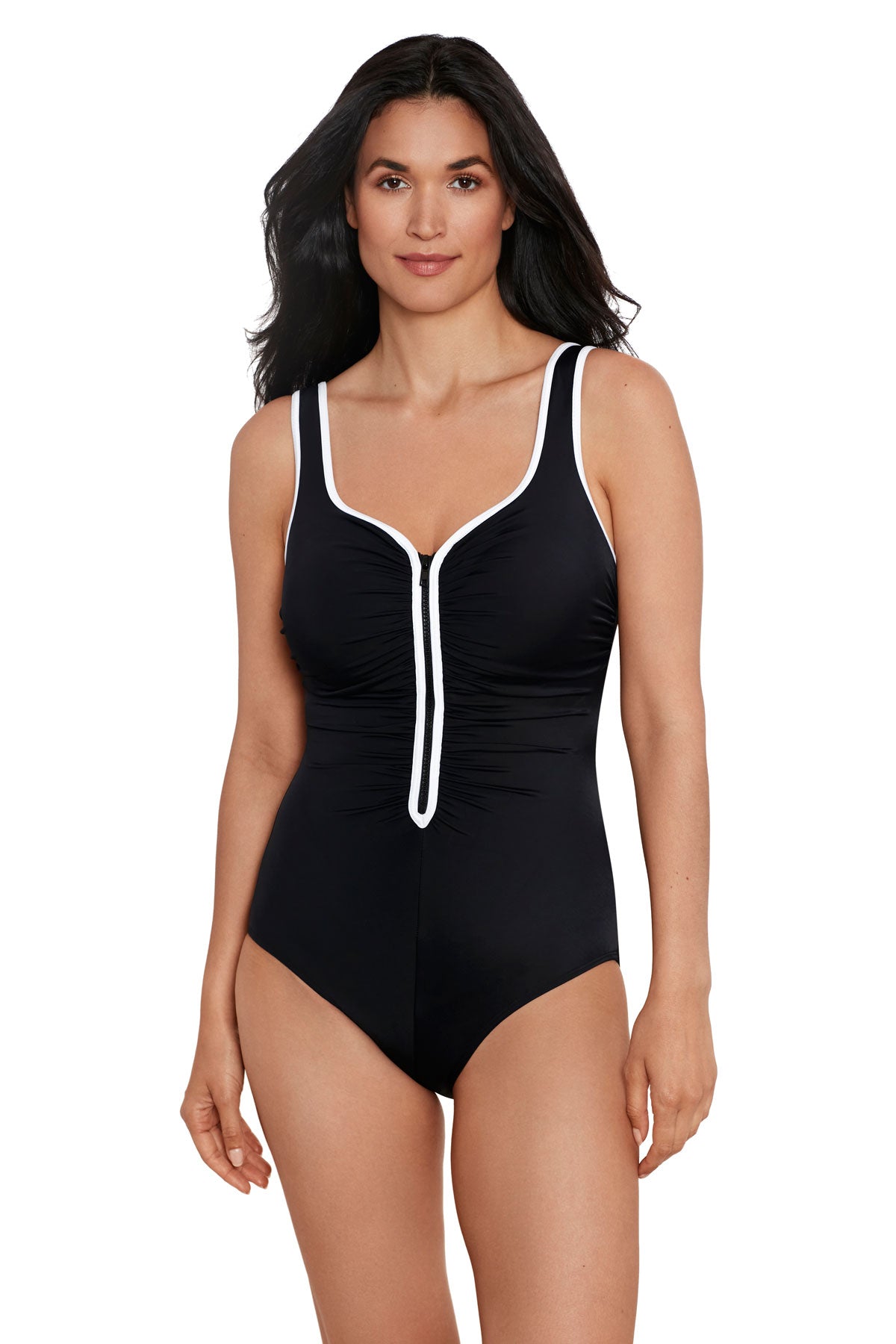 Shapesolver Sport: One Piece Color Coated Zipper Tank Swimsuit - BLACK/WHITE