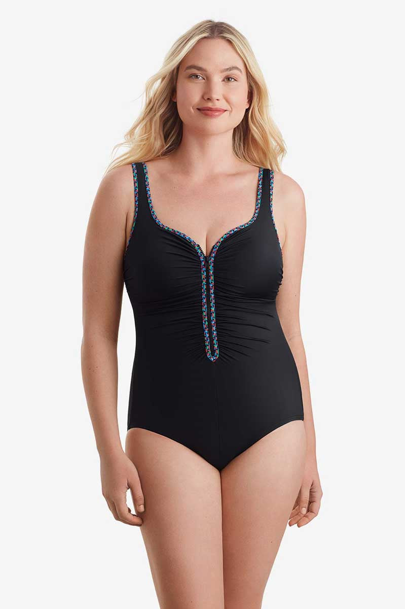 Shapesolver Sport: One Piece Lazer Stars Shirred Zipper Tank
