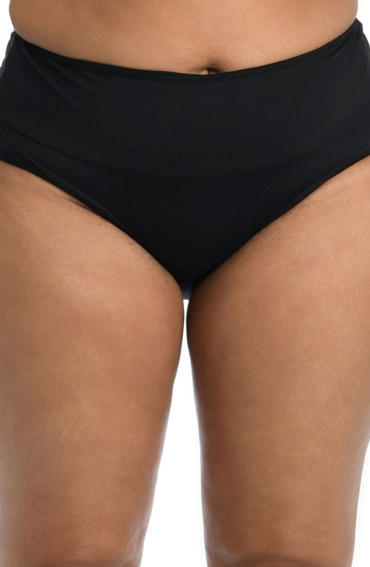 24th & Ocean: Plus Size Solid Mid Waist Spliced Bikini Bottom - BLACK
