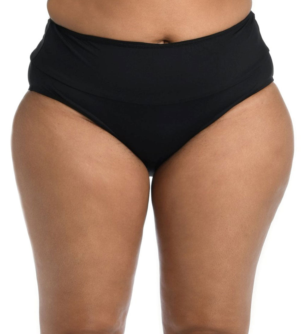 24th & Ocean: Plus Size Solid Mid Waist Spliced Bikini Bottom - BLACK