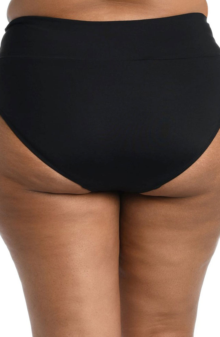 24th & Ocean: Plus Size Solid Mid Waist Spliced Bikini Bottom - BLACK