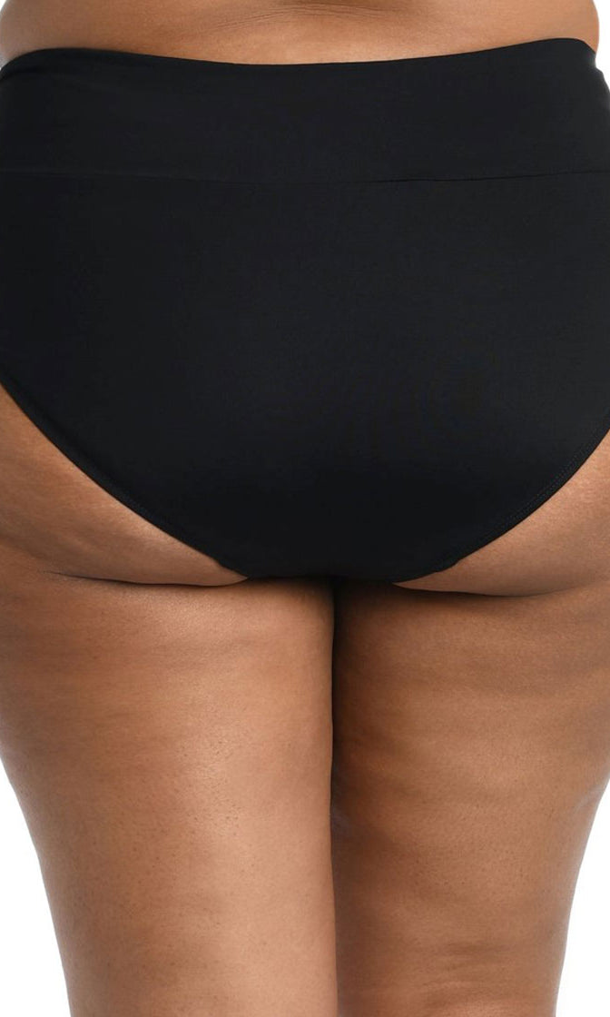 24th & Ocean: Plus Size Solid Mid Waist Spliced Bikini Bottom - BLACK